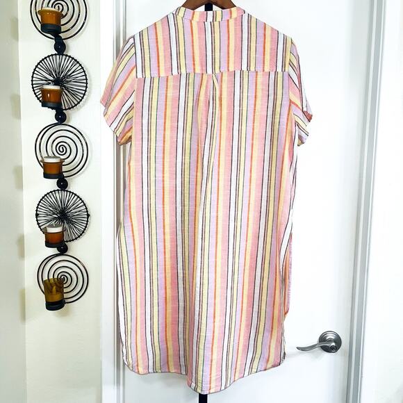 Woman Within Linen Blend Button Up Tunic Top - Pink Yellow Stripe, Size 14 / 16 - Picture 3 of 8